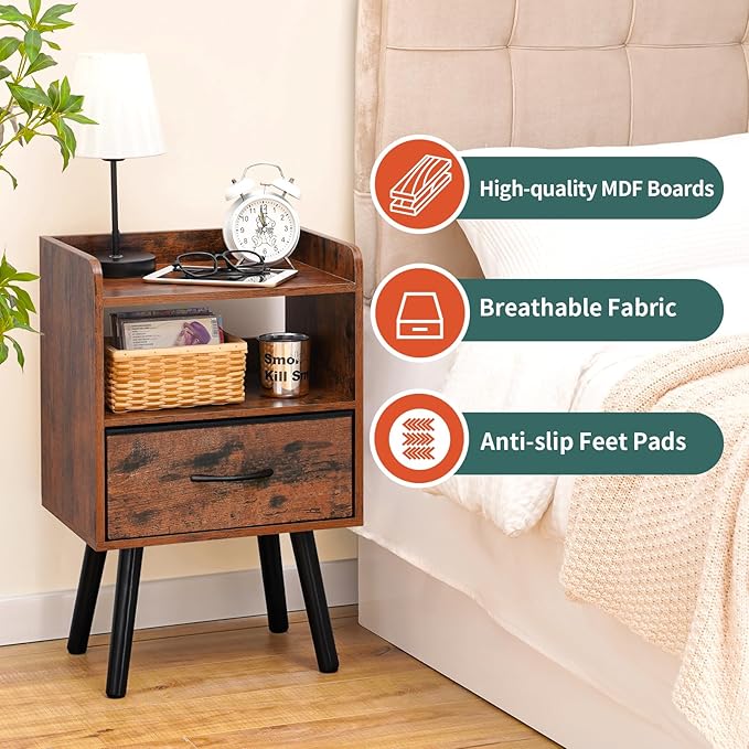 Yoobure Night Stand with Fabric Drawer, Modern Nightstand, Bedside Tables, Mid Century Nightstands with Open Storage Shelf, Wood Bedside Table, Small Night Stands for Bedrooms, 2-Tier Night Table
