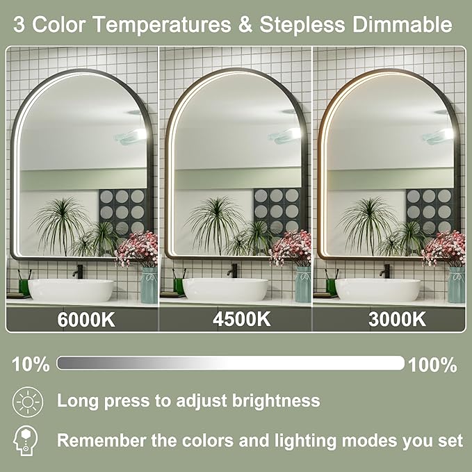 40x30 Inch LED Bathroom Mirror with Lights, Adjustable 3000K/4500K/6000K, Arched Black Frame Lighted Bathroom Vanity Mirror, Anti-Fog, Dimmable, Wall Mounted