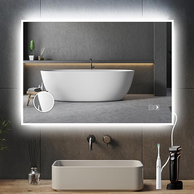 Led Mirror for Bathroom, 40x32 Inch Lighted Mirrors with 10X Magnification and Shaver Charging Port, Anti-Fog, Memory Function, 3 Color Temperature, Dimmable Led Backlit Mirror, Horizontal/Vertical