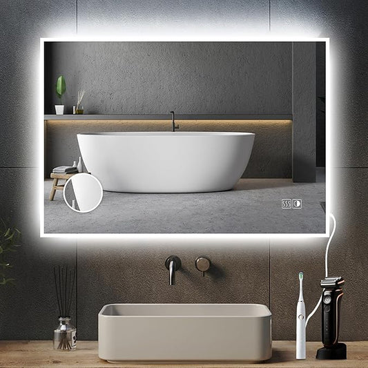 Led Mirror for Bathroom, 40x32 Inch Lighted Mirrors with 10X Magnification and Shaver Charging Port, Anti-Fog, Memory Function, 3 Color Temperature, Dimmable Led Backlit Mirror, Horizontal/Vertical