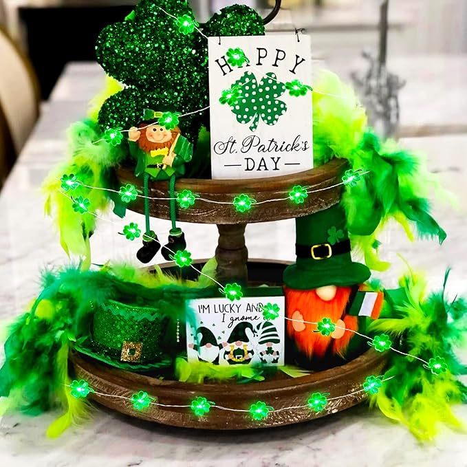 BOHON St Patricks Day Decorations Shamrocks String Lights Battery Operated with Remote 10 ft 40 LEDs Lucky Clover Green Lights for Bedroom Party Feast of Saint St. Patrick's Day Decoration