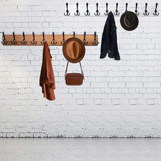 WEBI Coat Rack Wall Mount,38 9/16" Long,10 Hooks,Wood Coat Hooks Wall Mounted Coat Hanger Wall Hook Rack,Triple Hooks for Hanging Coats,Clothes,Jacket,Brown,2 Packs