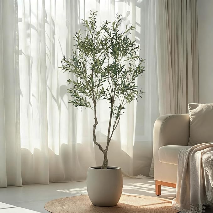 Faux Olive Tree 7.55ft(90in) Tall Artificial Plant Indoor Decor Large Realistic Potted Fake Modern Greenery with Natural Wood Branches and Green Leaves for Home Living Room,Bedroom,Office Decor