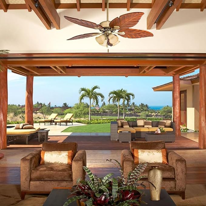 Honeywell Ceiling Fans Royal Palm, 52 Inch Tropical LED Ceiling Fan with Light, Pull Chain, Three Mounting Options, Hand Carved Solid Wood Blades - Model 50504-01 (Aged Brass)