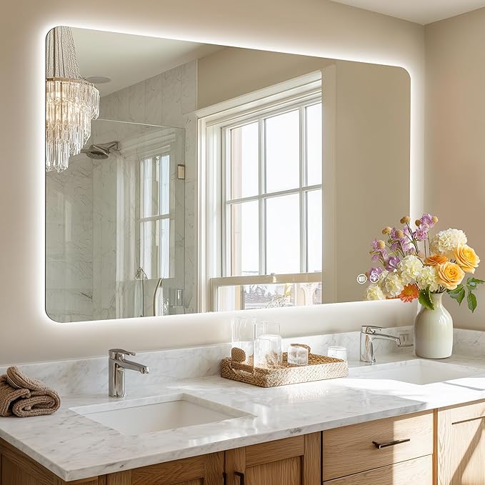 48''x36'' Lighted Mirrors for Bathroom Wall Backlit Rectangular Rounded Corners, LED Bathroom Mirror Frameless with Lights Anti Fog, Dimmable, 3 Colors,Tempered Glass, Shatter-Proof (Color 2)