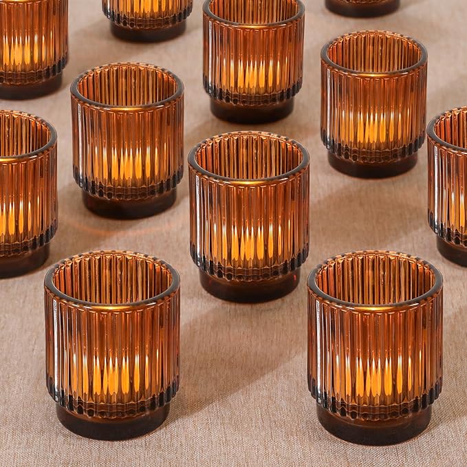 Vintage Ribbed Amber Glass Tealight & Votive Candle Holders (Set of 12), Wedding Bridal Shower Party Table Decor, Fall Decor, Boho Decor, Shelf Decoration