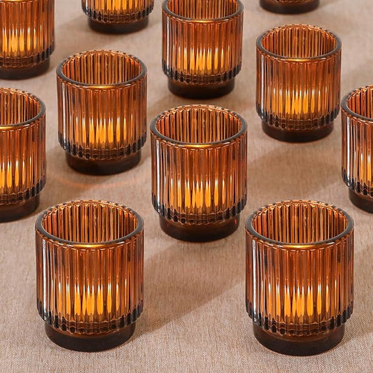 Vintage Ribbed Amber Glass Tealight & Votive Candle Holders (Set of 12), Wedding Bridal Shower Party Table Decor, Fall Decor, Boho Decor, Shelf Decoration