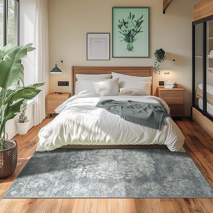 jinchan Washable Area Rug 6x9 for Living Room - Soft Faux Wool Ultra-Thin Stain Resistant Non-Slip Distressed Vintage Floral Rug Large Carpet for Bedroom,Dining Room,Home Office,Nursery(Grey, 6'x9')