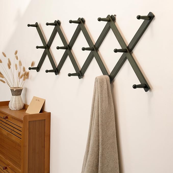 SKOLOO Hat Rack for Wall with 14 Hooks, Solid Wooden, Modern, Expandable Coat Rack Wall Mount for Coats, Hats, Bags, Baseball Caps, Dark Walnut Color