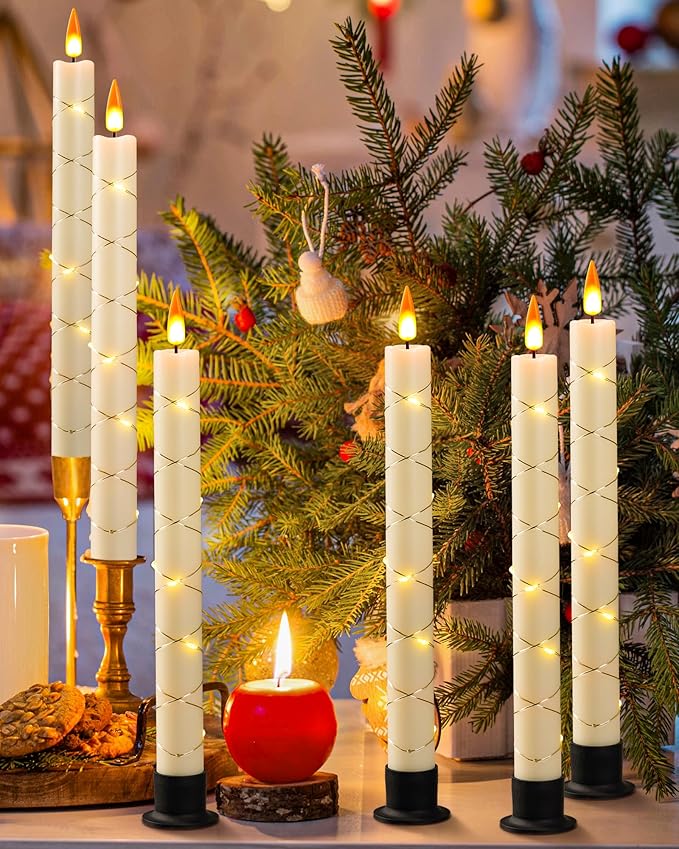 Da by 6 Flameless Window Candles with Remote Control & Timer, Surround String Lights, Battery Powered, 9.6" Christmas Candles, Free 6 Black Bases for Home Décor