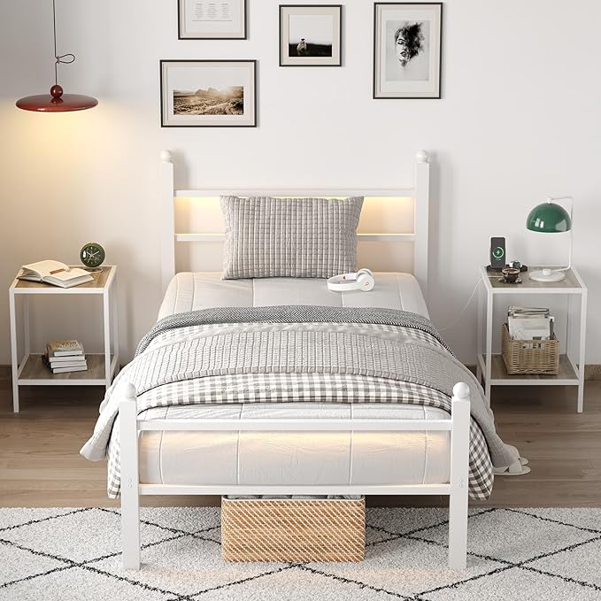 Twin Bed Frame with Headboard and Footboard, Metal Bed Frame with Charging Station and LED Lights, Under Bed Storage, No Box Spring Needed,Noise Free,White