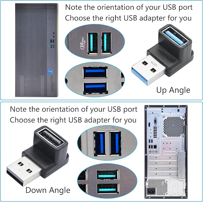 2Pcs Right Angle USB 3.2 Male to Female Adapter 10Gbps, 90 Degree USB Type A 3.1 Data Transfer Extender Connector Support 3A Fast Charging, for Computer, Laptop, Mouse, Keyboard etc - (Up Angle)