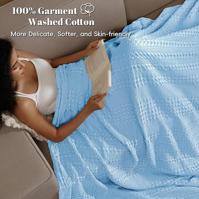 PHF 100% Cotton Waffle Weave Blanket Queen Size for Bed, Soft Lightweight & Breathable, All-Season Comfort, Luxury Aesthetic Woven Bedding for Home Decor, 90"x90", Sky Blue