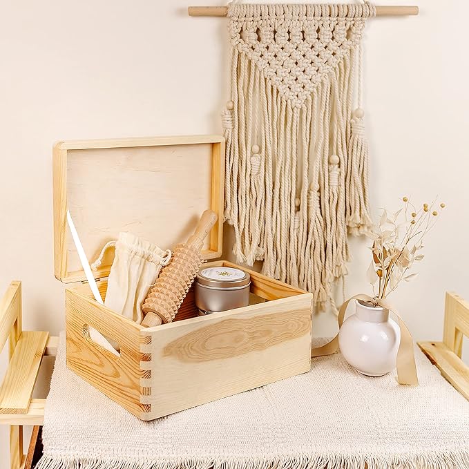 Large Wooden Storage Box with Hinged Lid | 11.8 x 7.87 x 5.51 in (+-0.5) | Plain Unpainted Gift Box with Handles for Tool Toy Shoes Kitchen Clothes Jewelry | Rough & UNSANDED Wood