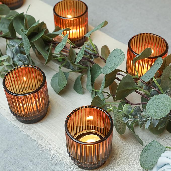 Vintage Ribbed Amber Glass Tealight & Votive Candle Holders (Set of 12), Wedding Bridal Shower Party Table Decor, Fall Decor, Boho Decor, Shelf Decoration