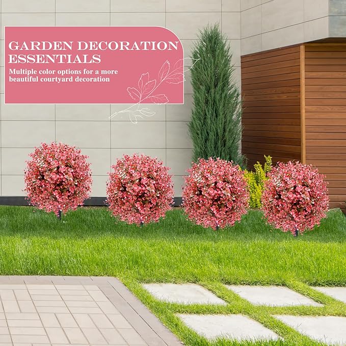 2 Pack 23” Artificial Topiary Bushes for Outdoors Fall Decorations with 7.8” Spike, Red Boxwood Ball Fake Shrubs UV Resistant Faux Plants for Indoor Outdoor Garden Entryway Front Porch Decor