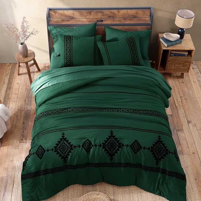 MaiRêve Embroidery Full Size Comforter Set Emerald Green, Farmhouse Western Boho Bedding Set 7 Pieces, All Season Bed in A Bag Comforter Set with Sheets, Pillowcases & Shams