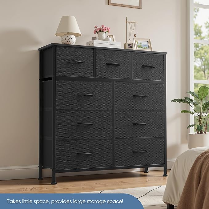 DUMOS 9 Drawer Dresser for Bedroom, Fabric Storage Organizer with Sturdy Metal Frame, Wooden Top Chest of Drawers for Closet Nursery Entryway Guest Room,Matte Black
