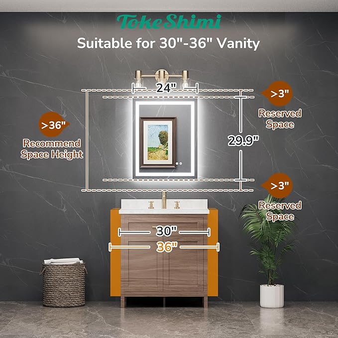 TokeShimi 24x30 LED Bathroom Mirror with Lights,Front Lit + Backlit,Anti-Fog LED Mirror for Bathroom,Stepless Dimmable 3-Color Light,Tempered Glass,Memory,UL Listed,Waterproof