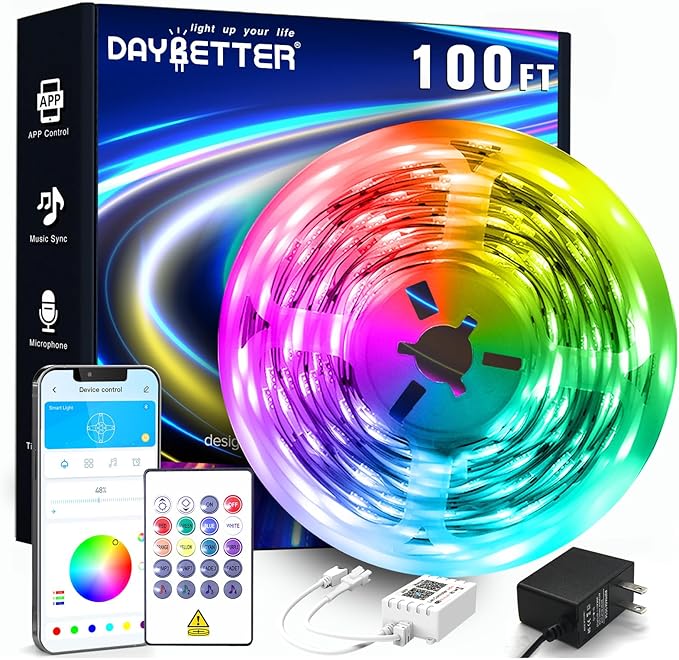 DAYBETTER LED Strip Lights 100ft RGB Lights Strip for Bedroom, Desk, Indoor Room Living Room Brithday Gifts Home Decor with Remote, 24V Power Supply