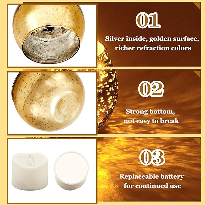 Rtteri 12 Set Votive Candle Holders Wedding Centerpiece Table Decorations Speckled Mercury Glass Votive Candle Holders with Tea Lights Birthday Party Decorations for Home (Gold)