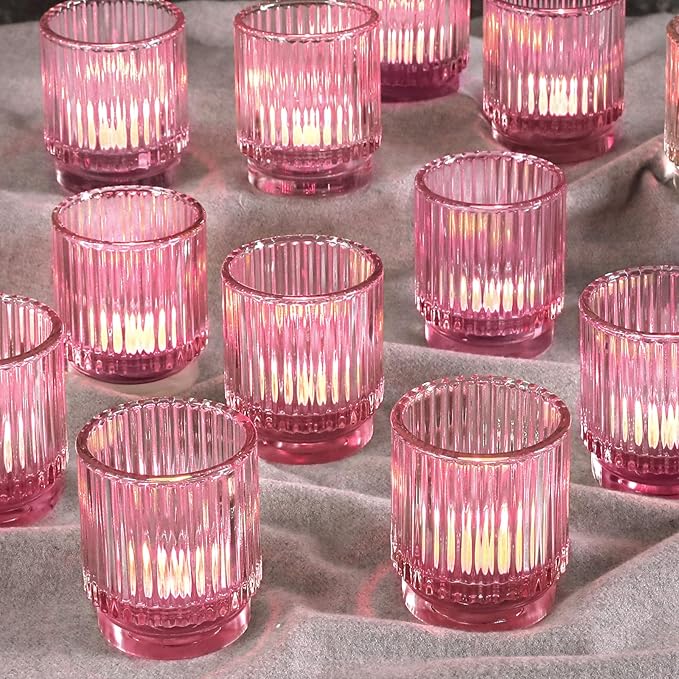 Vintage Ribbed Pink Glass Tealight & Votive Candle Holders (Set of 12) - Wedding, Bridal Shower Party Table Decor, Fall, Boho, Shelf Decoration