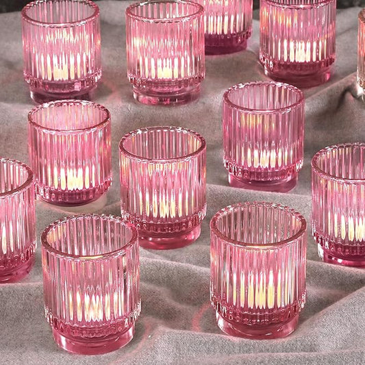 Vintage Ribbed Pink Glass Tealight & Votive Candle Holders (Set of 12) - Wedding, Bridal Shower Party Table Decor, Fall, Boho, Shelf Decoration
