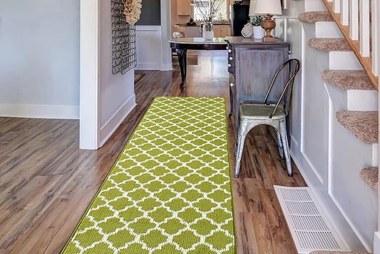 Custom Size Moroccan Trellis Runner Rug Mat for Wide Hallway Entryway Kitchen Laundry Room with Slip Resistant Latex Rubber Backing, Trellis Green, 31 inch X 10 feet