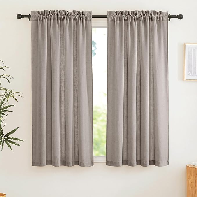 RYB HOME Privacy Sheer Curtains - Dual Rod Pocket Semi Sheer Drapes for Living Room, Linen Semi-Translucent Curtains for Bedroom, Birch Brown, 52 Wide x 63 inches Long, 1 Pair
