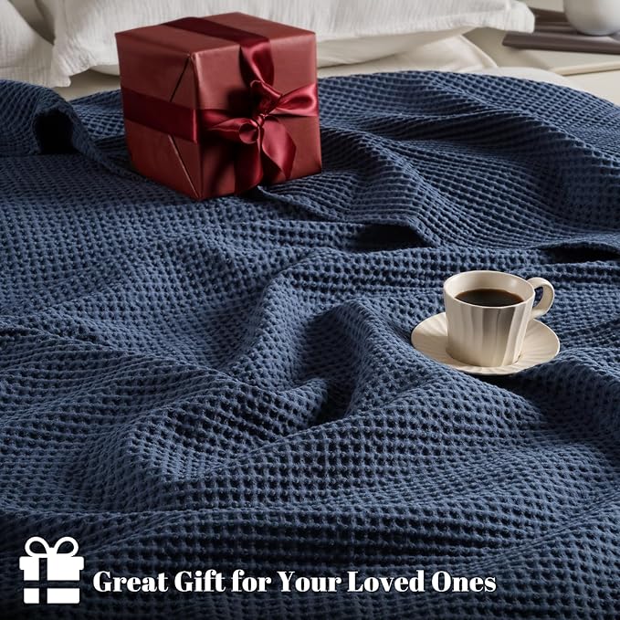 PHF 100% Cotton Waffle Weave Blanket Twin Size for Bed,Snag Proof Lightweight Breathable Moisture-Wicking Throw for Couch,Great for Layering in Cold Weather,Machine Washable,Home Decor Gift-Dark Navy