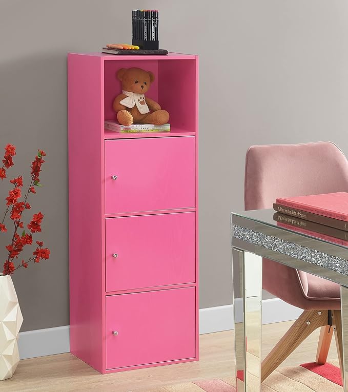 Convenience Concepts Xtra Storage Three-Door Cabinet with Shelf in Pink Wood Finish