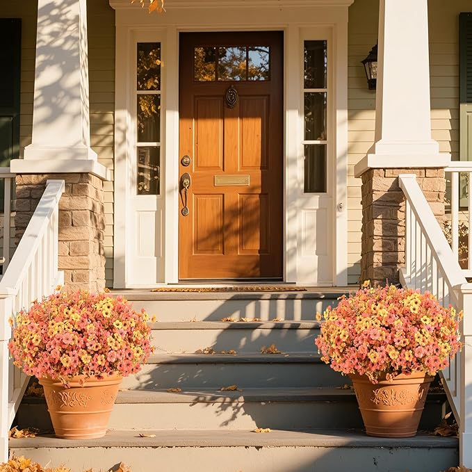 SHareconn 24 Bundles Artificial Fall Flowers for Outdoors Decoration, UV Resistant Silk Eucalyptus Lavender Faux Autumn Fake Plants for Outside Indoor Garden Yard Porch Home Decor, Autumn Orange-Red