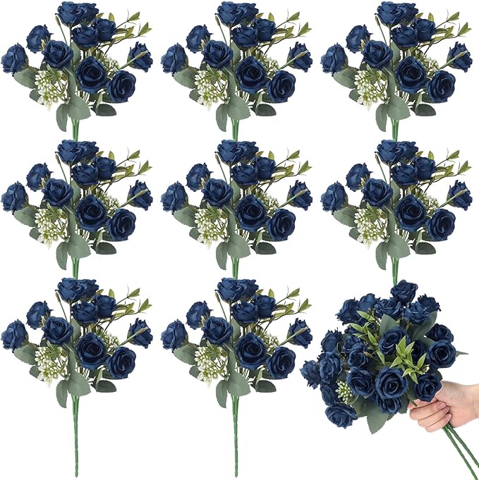 Zeyune 8 Pack 12 Inch Wedding Bouquets for Bride Bridesmaid Dark Blue Artificial Rose Bouquet Fake Silk Roses Flowers Bunches Bulk for Home Office Garden Parties Decoration