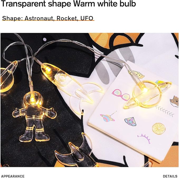 20 LED Children's Room LED String Light Astronaut Spaceship Rocket Pendants Holiday Party Lights Wall Window Nursery or Kids room Decor Wedding Around the Garden Party Patio Christmas (Warm White)