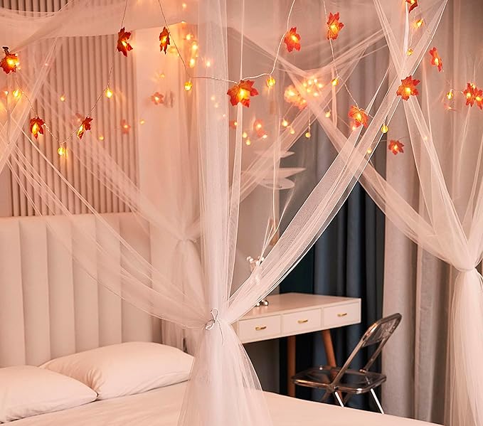 Mengersi Bed Canopy with Lights,Maple Leaf Pumpkin Canopy Bed Curtains Mosquito net,Halloween Theme Party Supplies Festival Decor,White
