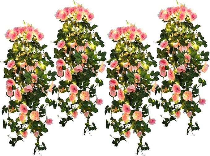 RECUTMS Artificial Hanging Rose Flower 4PCS Vine Plants with 30 LED Fairy String Lights Fake for Indoor Outside Garden Porch Farmhouse (Pink)