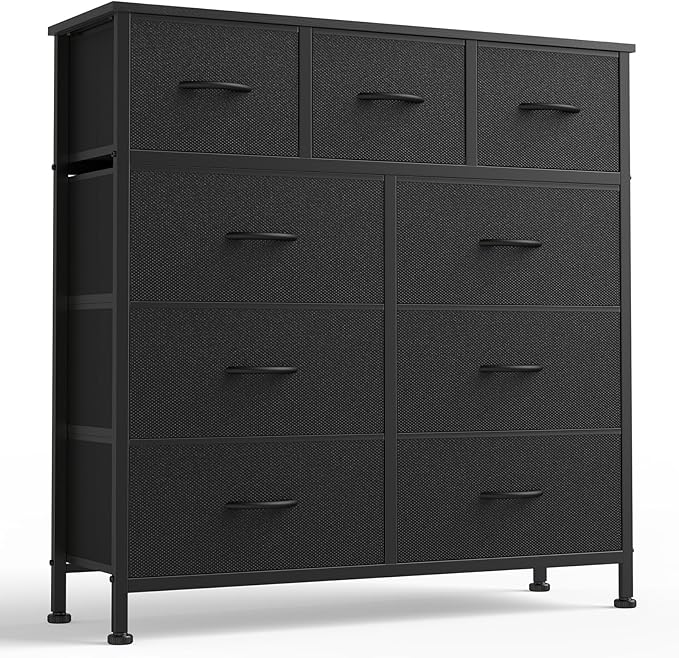 DUMOS 9 Drawer Dresser for Bedroom, Fabric Storage Organizer with Sturdy Metal Frame, Wooden Top Chest of Drawers for Closet Nursery Entryway Guest Room,Matte Black
