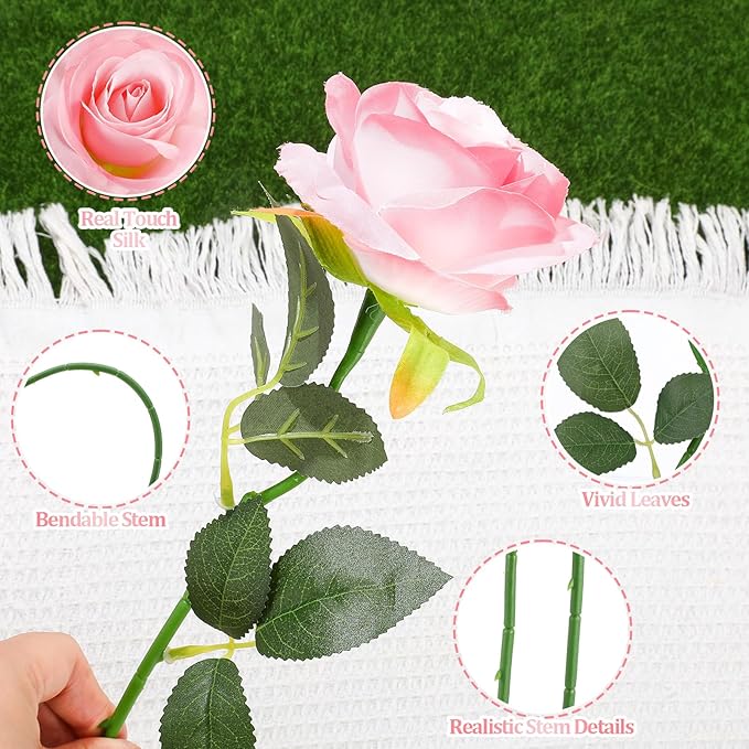 32 Pcs Light Pink Artificial Flowers Bulk, 20" Silk Gradient Blush Pink Real Touch Roses for DIY Wedding Bridal Bouquets, Centerpieces, Home Decor