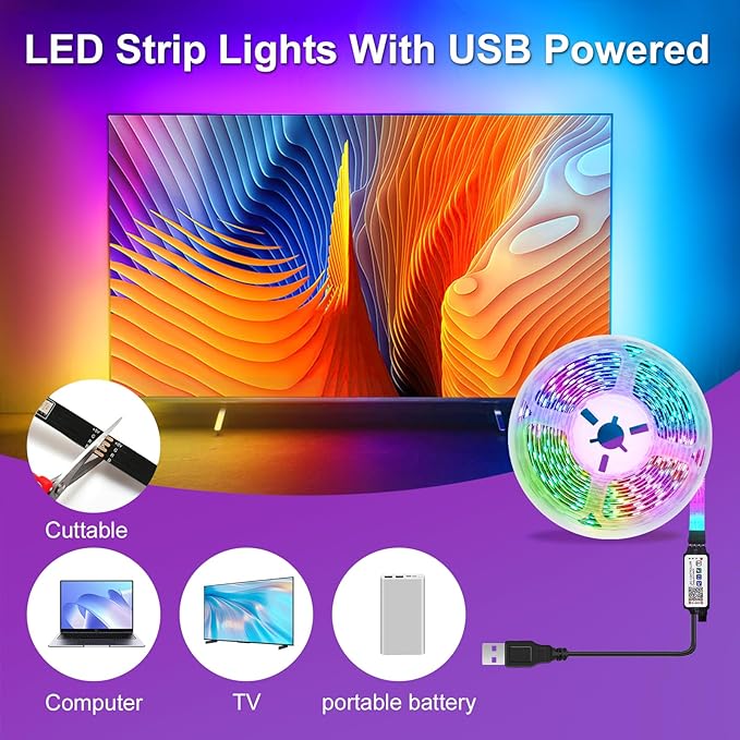 TV LED Lights, 13.2ft Music Sync RGB Strip Lights with Remote & App Control, USB Powered for 32-65 Inch TVs, PC, Bedroom, Gaming Setup, Home Cinema