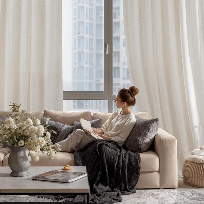 RYB HOME Linen Sheer Curtains Extra Long Window Drapes Light & Airy Translucent Panels for Bedroom Living Room, Office, Nursery, Rod Pocket Back Tab, Ivory, W 52 x L 102 inch, Set of 2