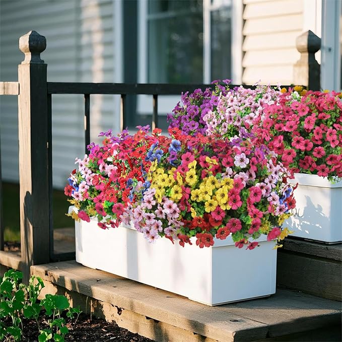 Ouddy Decor 24 Bundles Artificial Flowers for Outdoors Fake Silk Flowers UV Resistant Faux Plastic Plants for Spring Summer Garden Porch Window Box Table Vase Home Indoor Outdoor Decoration, Rose Red