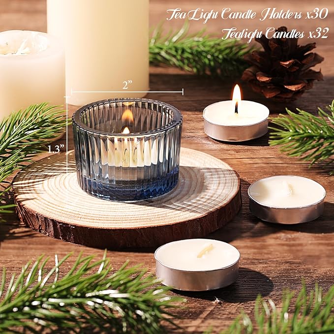 30Pcs Blue Tealight Candle Holder, Ribbed Votive Candle Holders Glass with 32pcs Tea Light Candles for Wedding Decor, Home Decor and Party Decor
