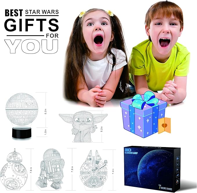 MOSSOM 2 Bases 5 Patterns Star Wars Gifts 3D Illusion Lamp - Star Wars Toys LED Night Light for Kids Room Decor, 7 Color Change, Cool Gifts for Men, Women, Boys, Girls