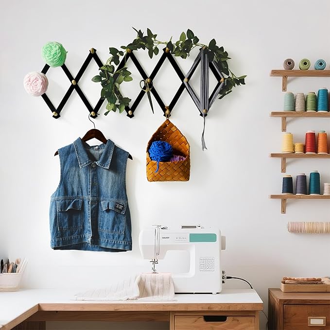 SKOLOO Accordion Wall Hanger with 16 Hooks, Modern Expandable Coat Rack Hat Rack for Wall, Solid Wooden, Natural on Black