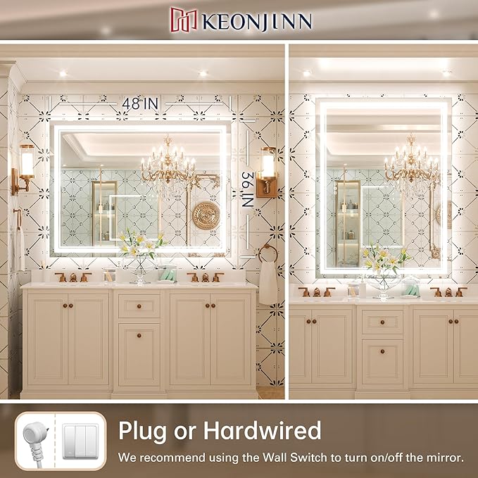 Keonjinn Bathroom Mirror with Lights 47.6" x 35.8" with Backlit and Front Light, Stepless 3 Colors Temperature Dimmable LED Bathroom Mirror, UL Listed LED Driver, Tempered Glass Lighted Vanity Mirror