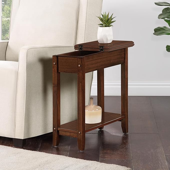 Convenience Concepts American Heritage Flip Top End Table 23.25" - Classic Narrow Chairside Accent with Hidden Storage & Lower Shelf for Traditional, Modern Living Room, Espresso