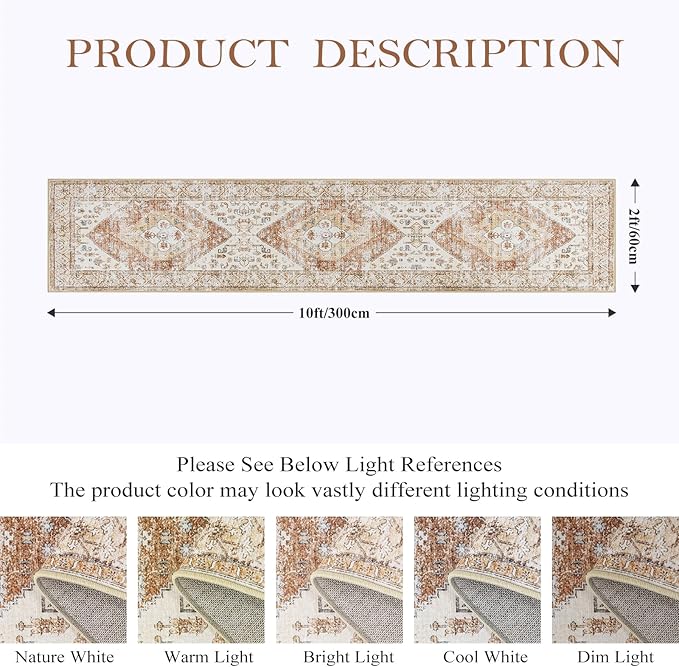 Lahome Boho Carpet Runners for Hallway 2x10 Washable Non-Slip Runner Rug Non-Shedding Lightweitht Long Kitchen Carpet, Oriental Distressed Print Floor Mat for Entrance Laundry Room Foyer