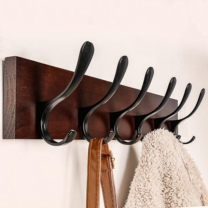 SKOLOO Coat Rack Wall Mount - Wooden Brown Wall Coat Hook, Wall Coat Hanger Rack with 6 Hooks for Hanging Coats, Hats, Clothing, Scarfs, Brown & Black