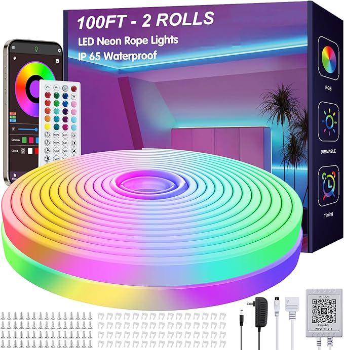 100ft LED Neon Rope Lights with App and Remote Control, IP65 Waterproof Neon Strip Lights for Outdoor Indoor, DIY Design Flexible Led Rope Lights for Bedroom, Living, Gaming, Party Decor