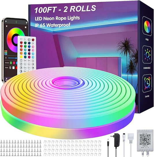 100ft LED Neon Rope Lights with App and Remote Control, IP65 Waterproof Neon Strip Lights for Outdoor Indoor, DIY Design Flexible Led Rope Lights for Bedroom, Living, Gaming, Party Decor
